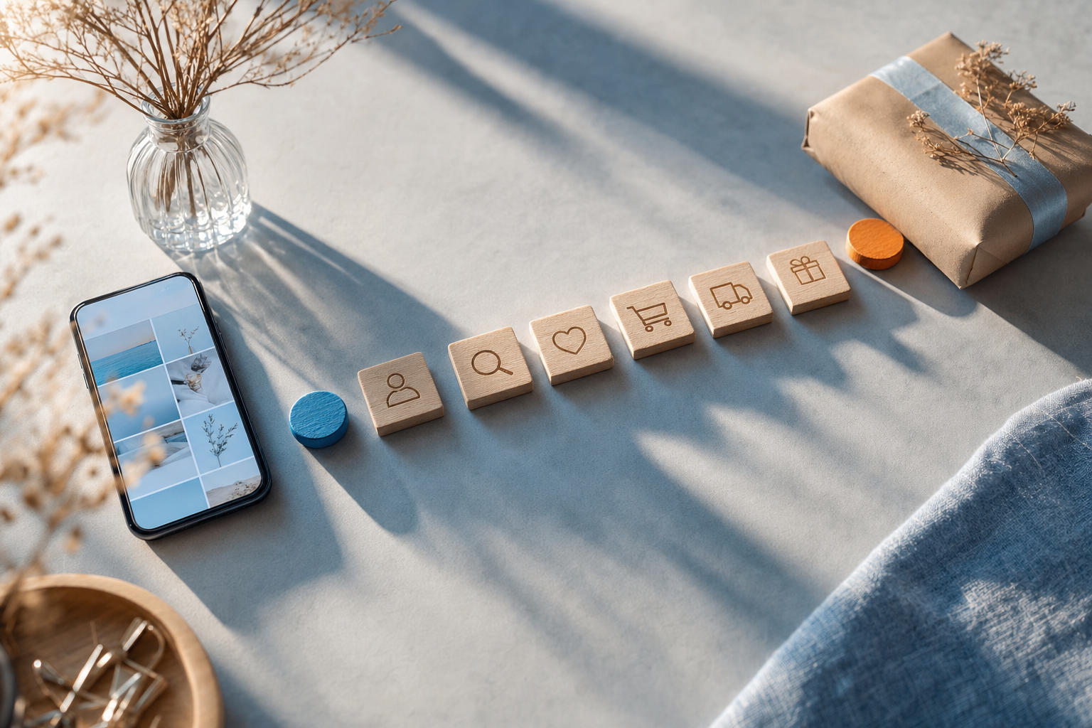 Colored markers highlighting the beginning and end of a path from a smartphone to a packaged order