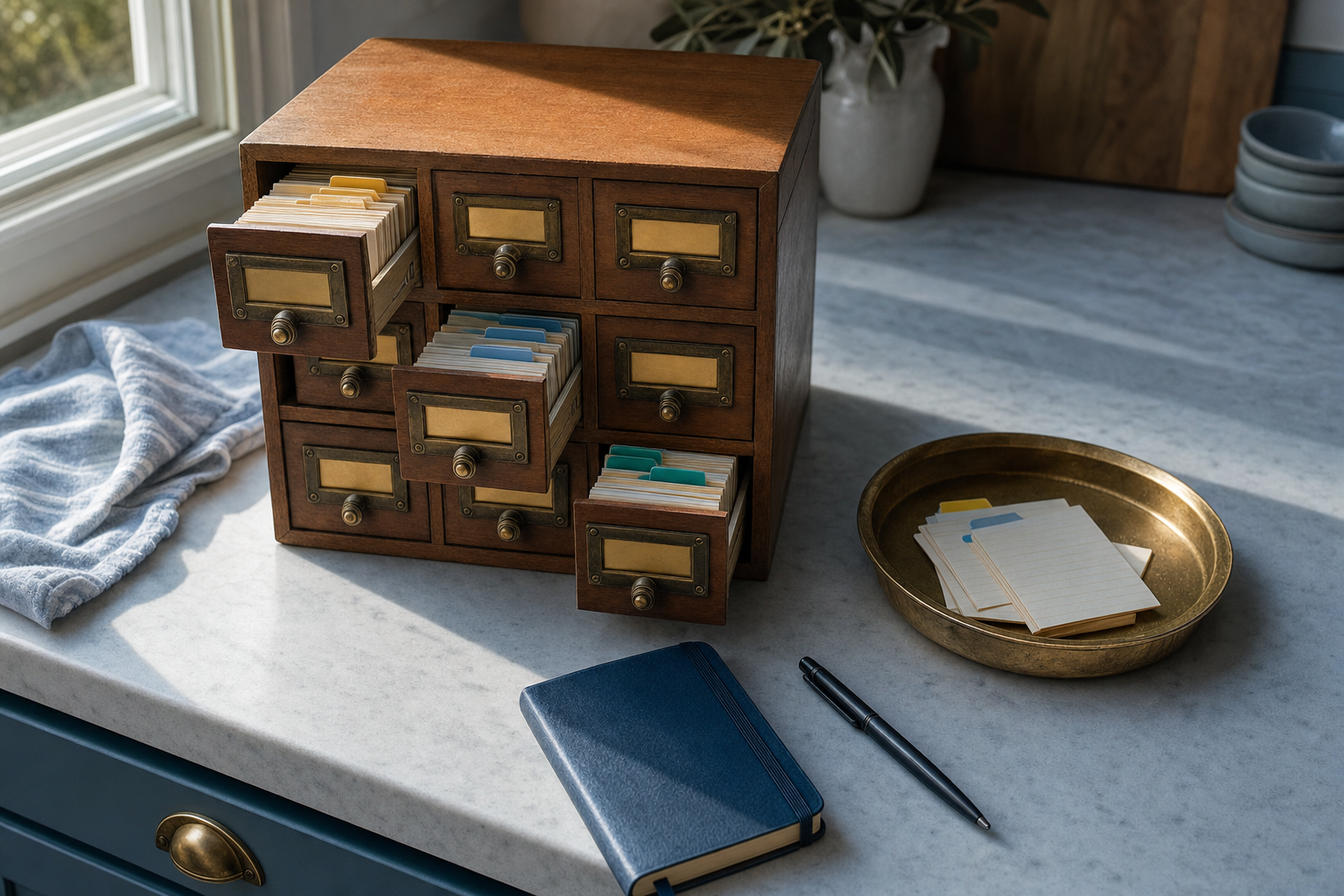 A wooden card catalog filled with color-coded content idea cards and a capture tray beside it