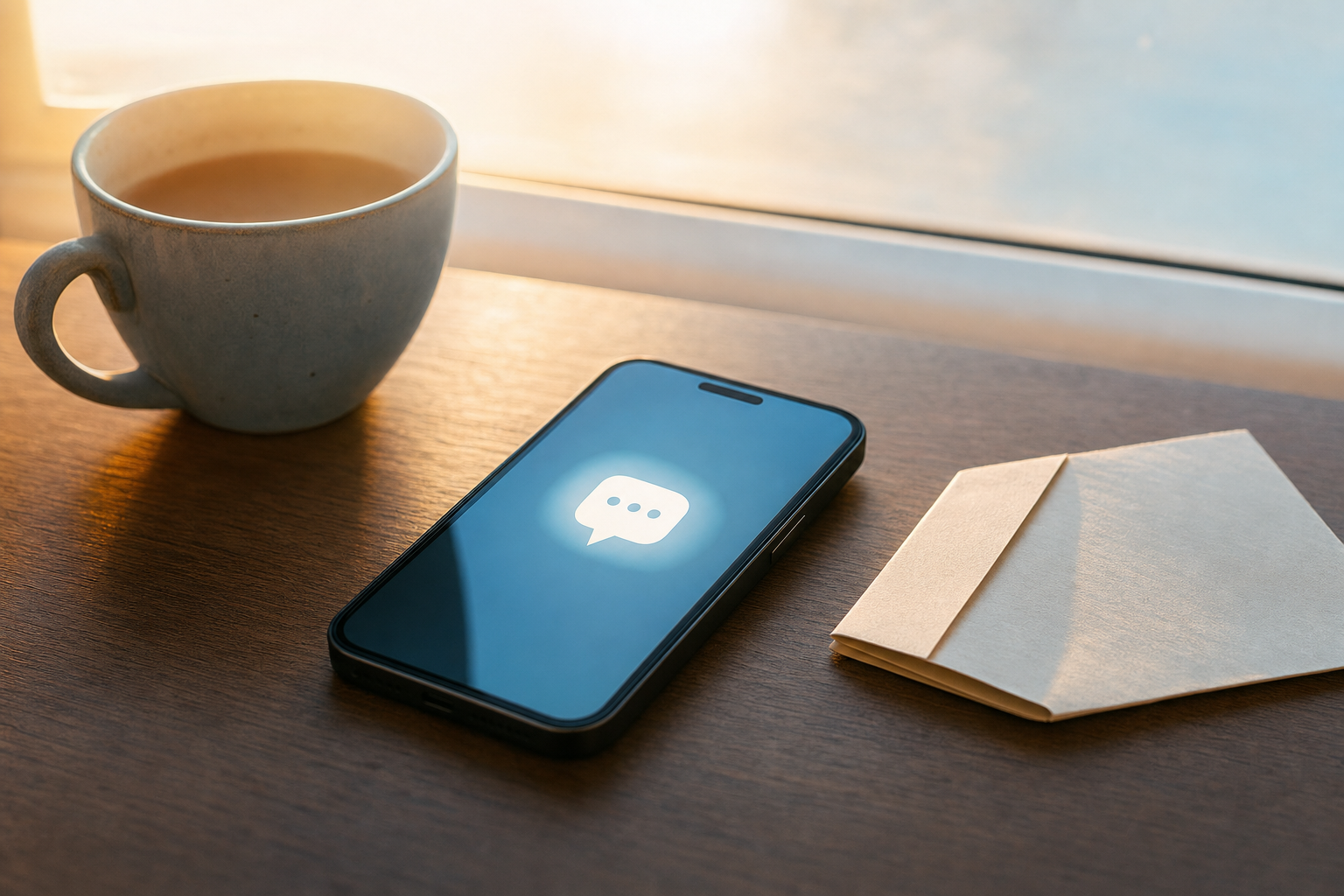 A single calm handwritten sticky note on a clean surface next to a smartphone showing a comment notification