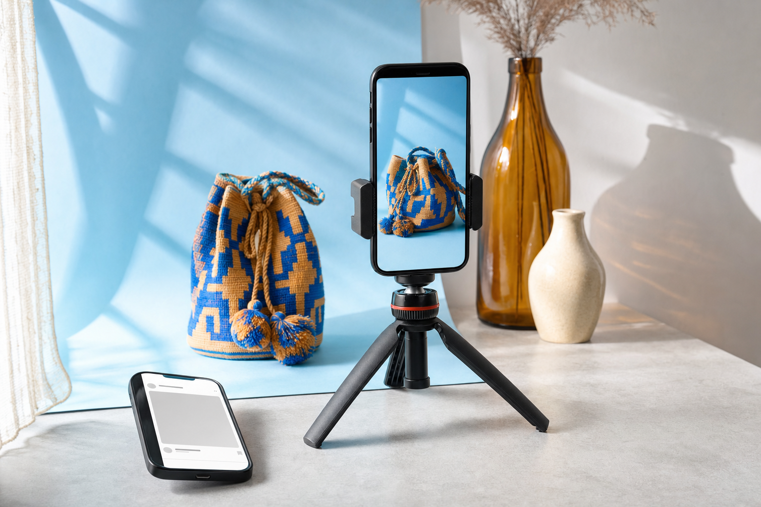A product video being recorded beside a phone showing a social post with an empty media area