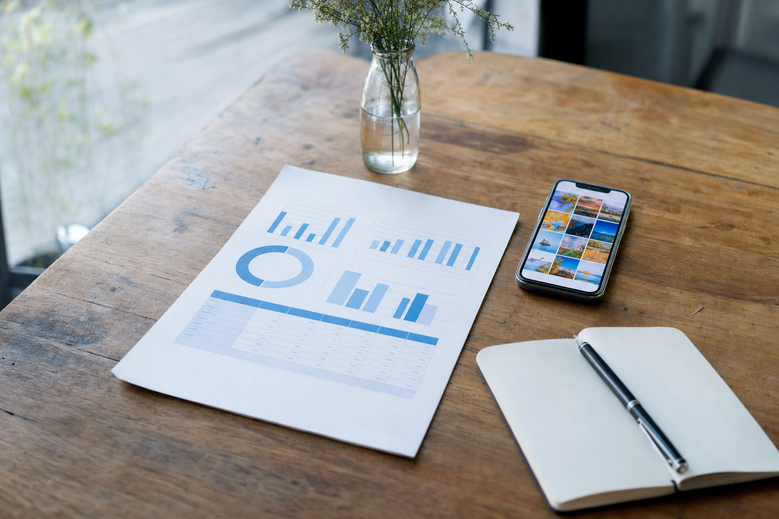 A printed bar-chart traffic report on a wooden table beside a smartphone showing a social feed and a small notebook