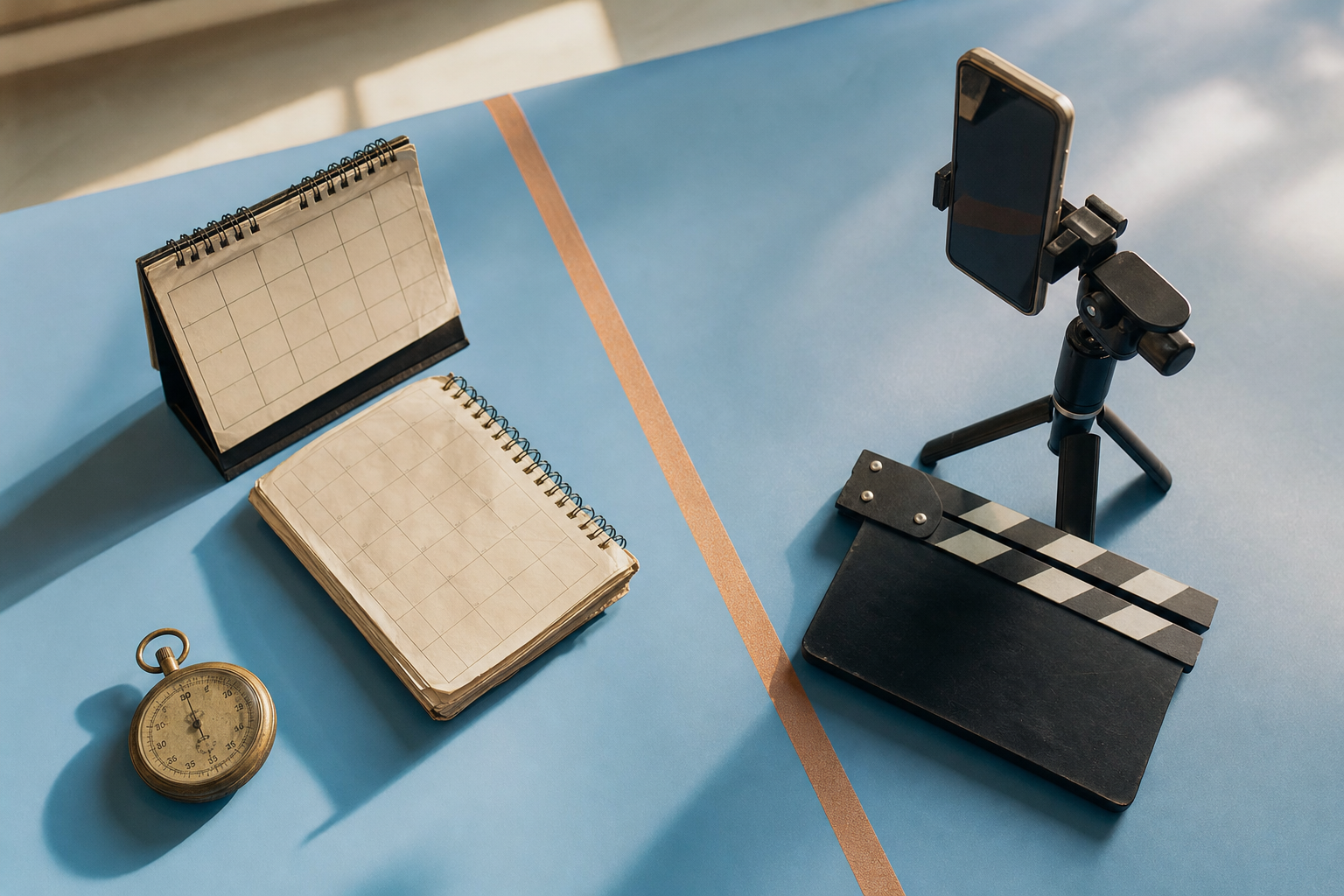 Three vintage desk calendars and a film clapperboard arranged on a bright studio table beside a smartphone on a tripod