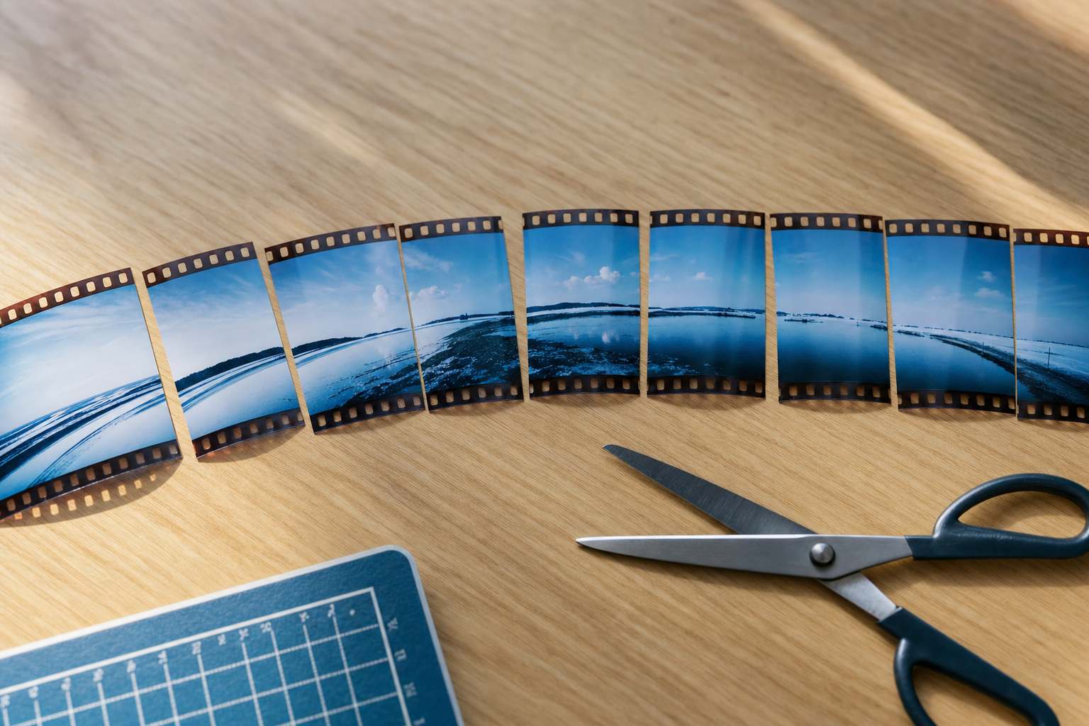 A single long strip of film unspooling across a table and separating into several short vertical cut segments