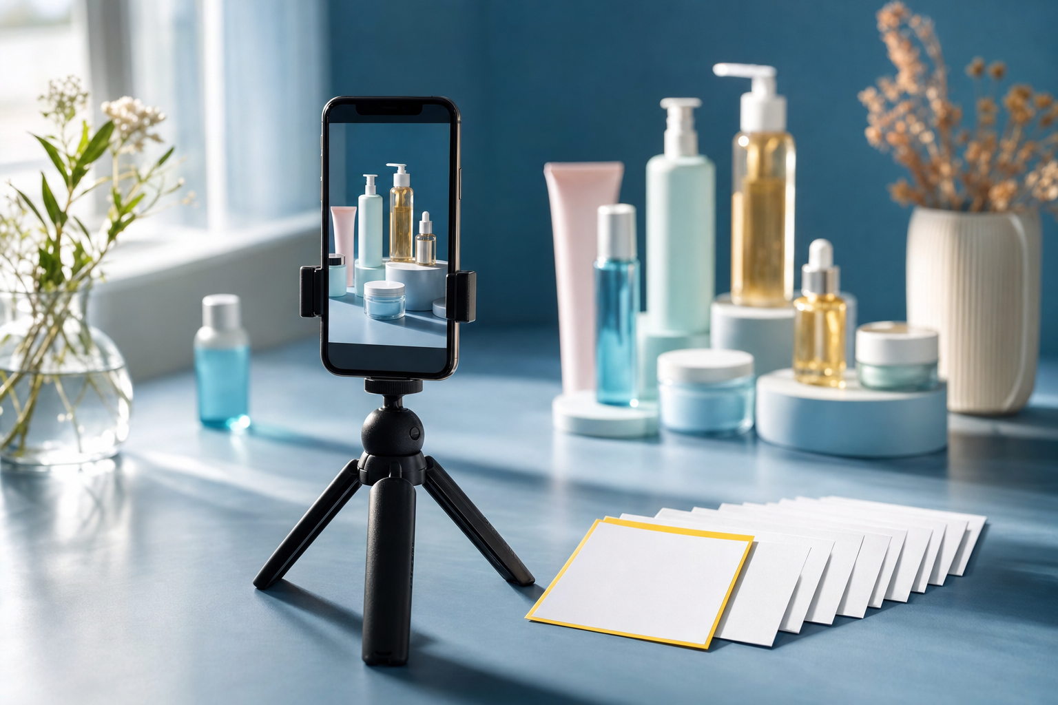 Smartphone recording a vertical product video beside a sequence of caption planning cards with the first card highlighted