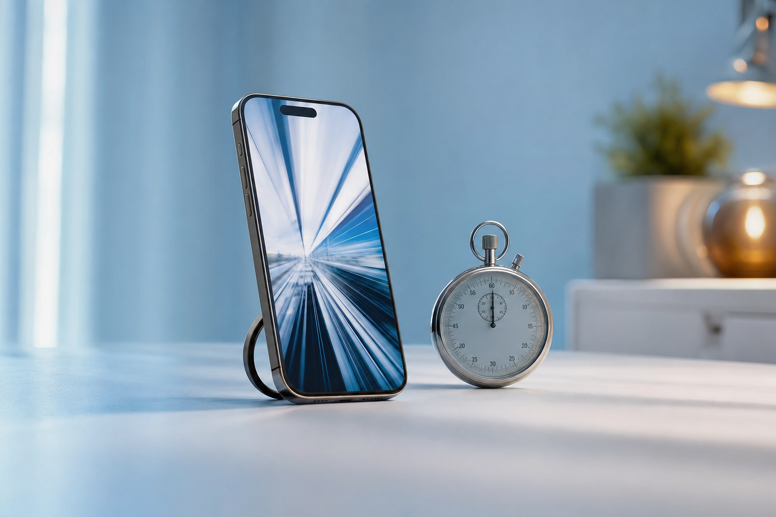 A smartphone on a stand showing a vertical video paused on its opening frame, with a stopwatch beside it