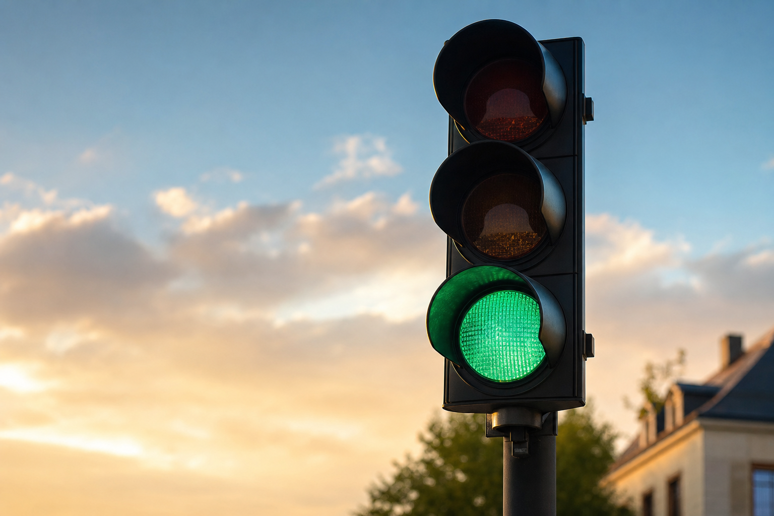 A single green traffic light glowing on a quiet street corner at dusk, symbolizing a clear go-ahead checkpoint.