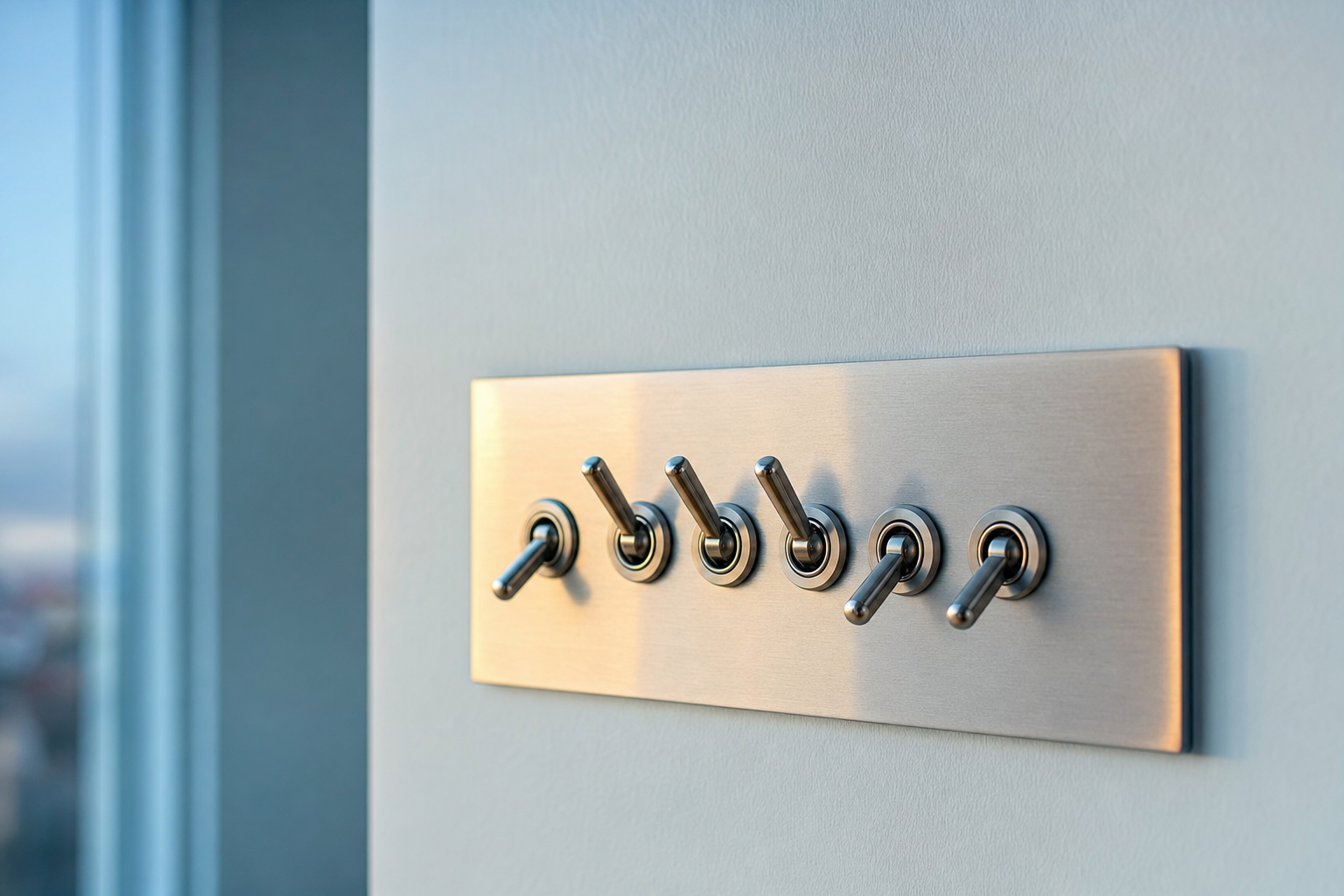 A control panel light switch panel with some switches flipped on and some deliberately left off