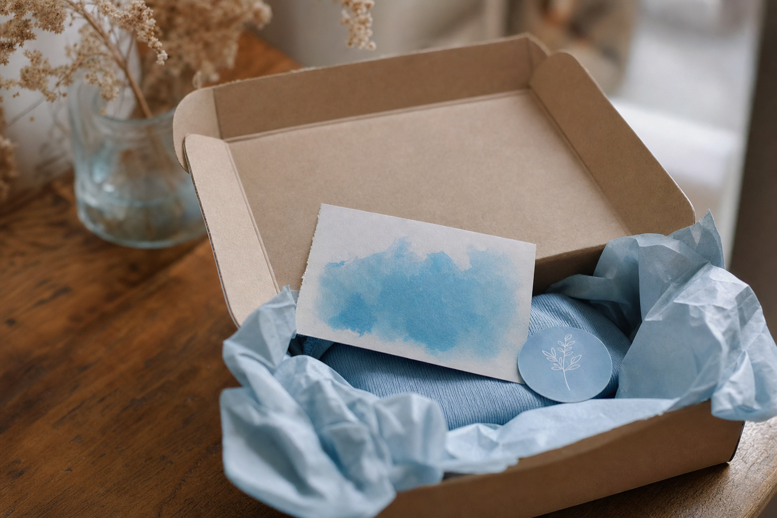 A handwritten thank-you card and a branded hashtag sticker tucked inside an open product package on a table