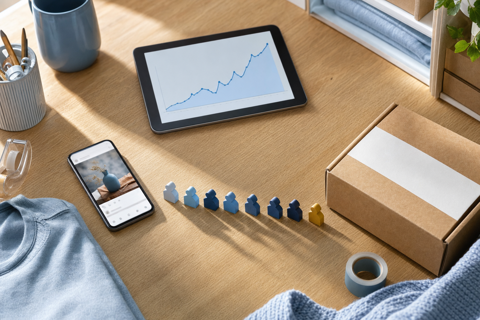 Smartphone, analytics tablet, and packaged customer order connected by colored markers on a studio workbench