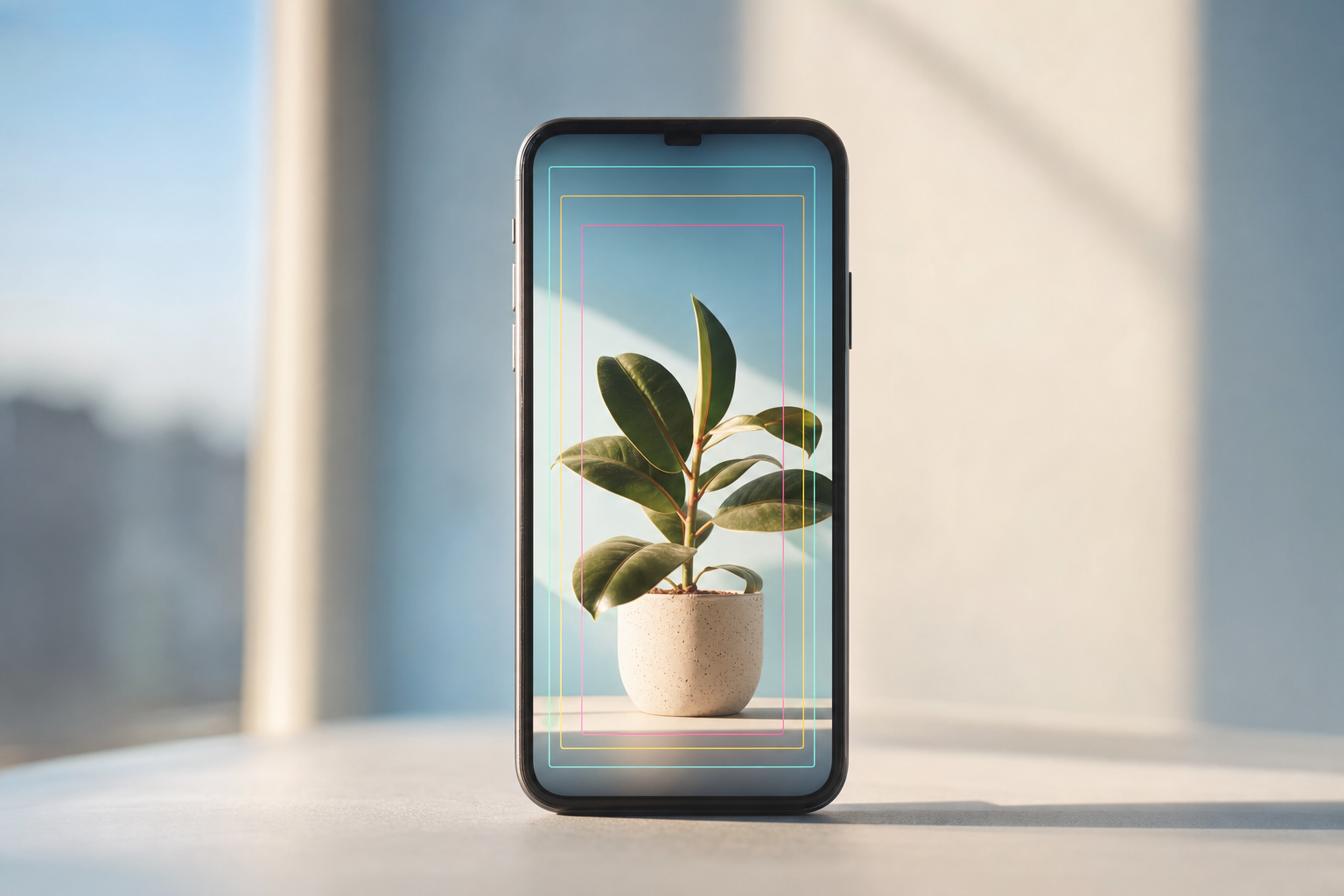 A single smartphone displaying a vertical video framed with three overlapping crop guides representing different platform layouts