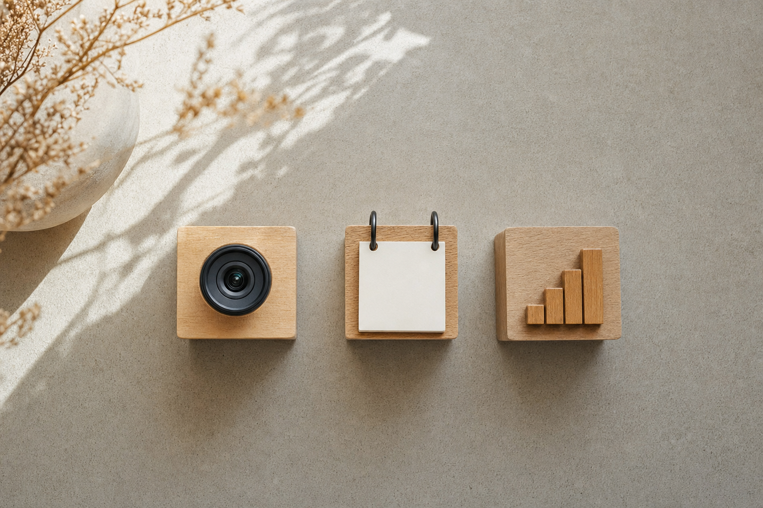 Three simple tool icons — a camera, a calendar, and a chart — arranged as building blocks on a clean desk surface