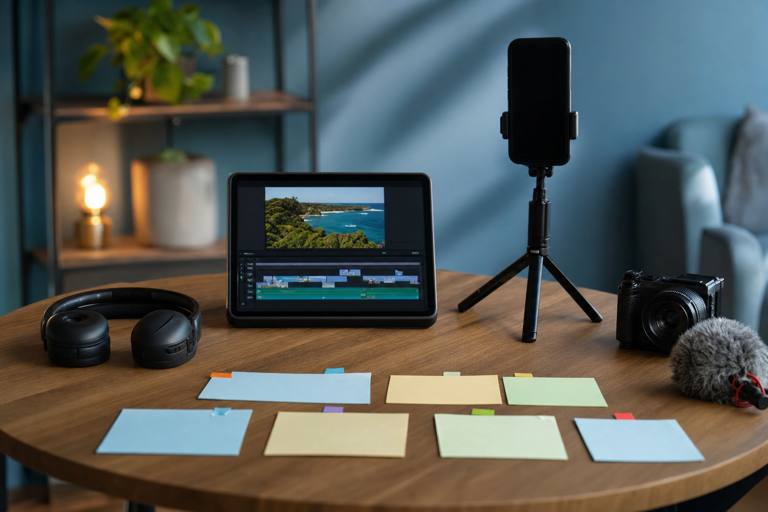 Vertical smartphone filming setup surrounded by seven color-coded video clip cards and webinar recording equipment