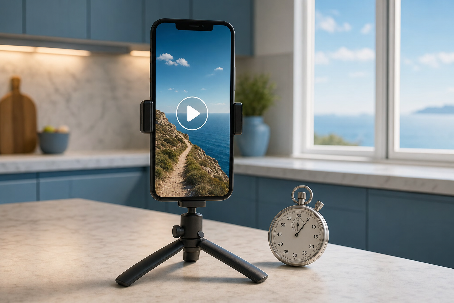 A phone on a mini tripod paused on a Reel's first frame beside a stopwatch stopped at three seconds