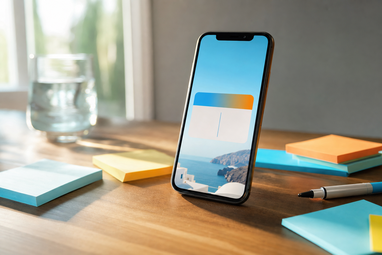 A smartphone propped upright showing a bright Instagram Story frame with a colorful poll sticker, surrounded by scattered sticky notes