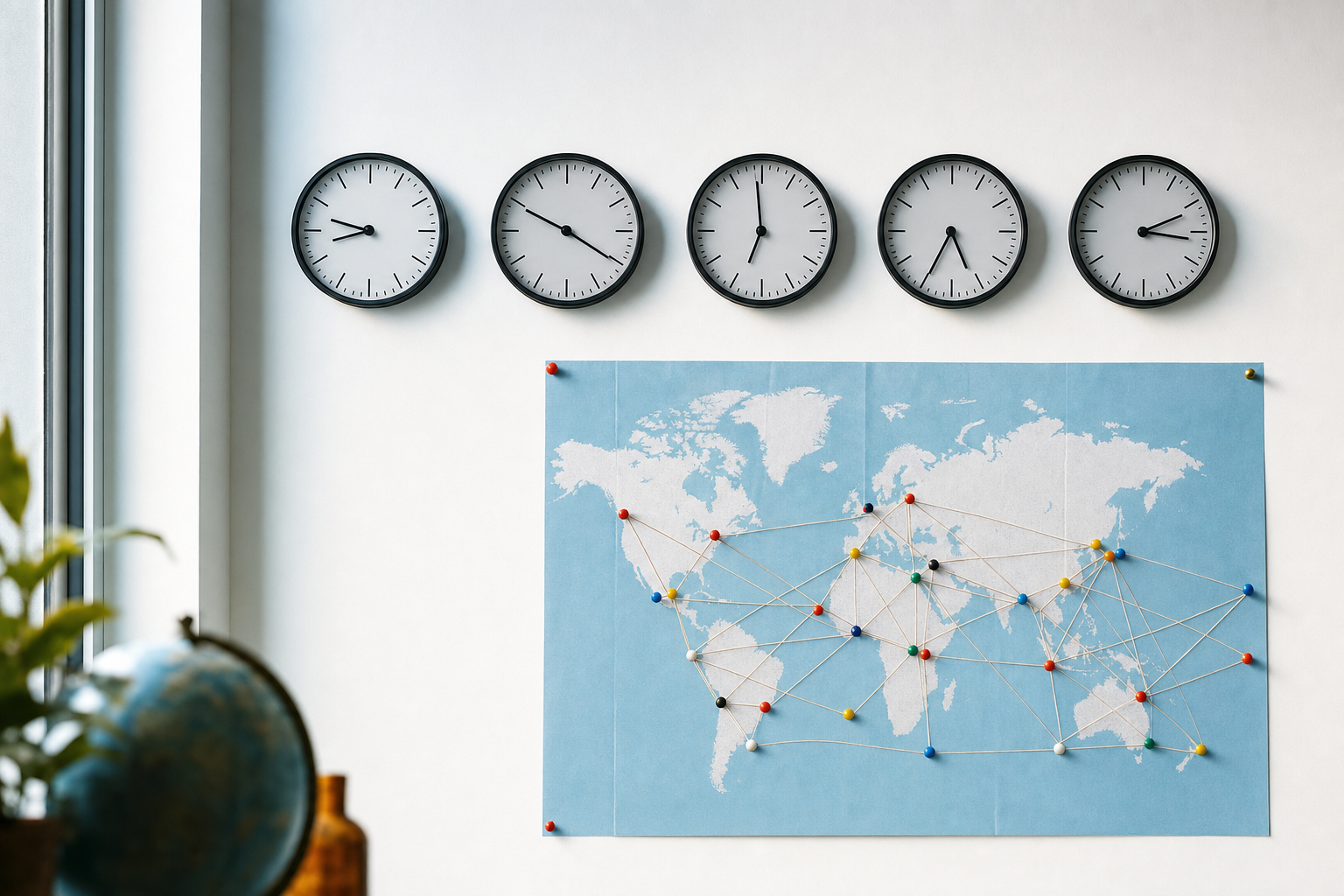 A row of analog wall clocks showing different times side by side, representing multiple global time zones.