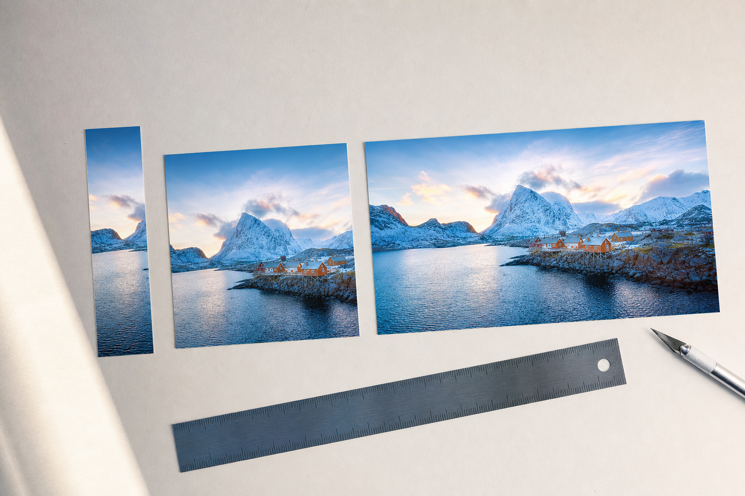 The same landscape photo printed at several aspect ratios, cropped and framed differently, laid out in a row