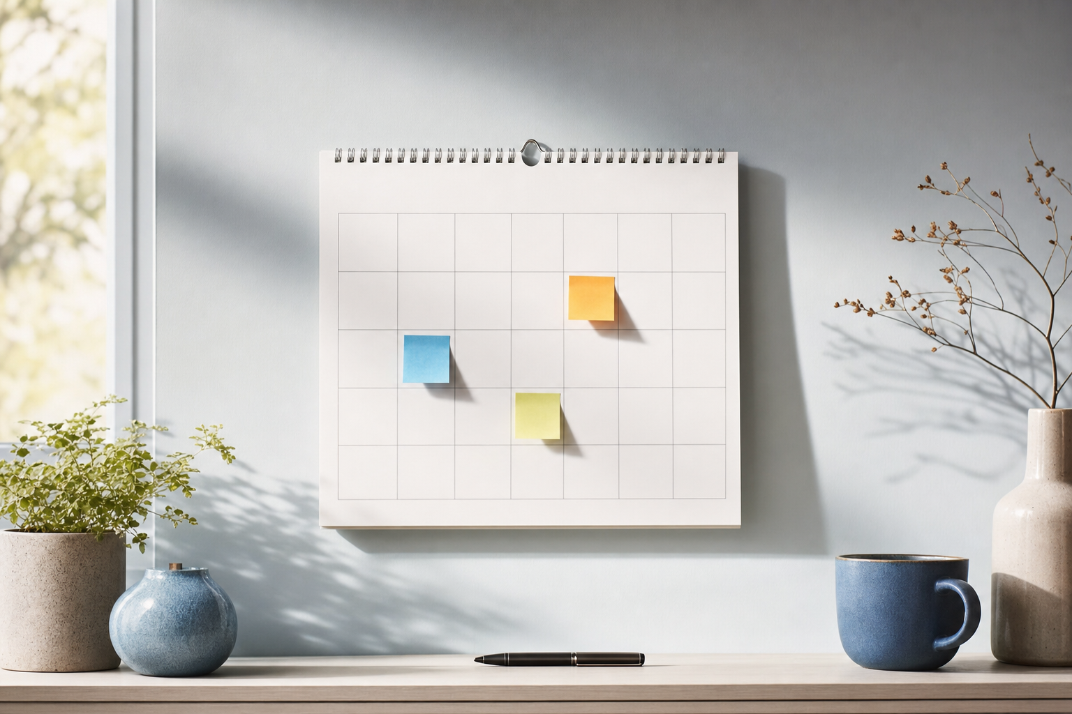 A minimalist wall calendar with three days marked by small colored sticky notes and the rest left blank