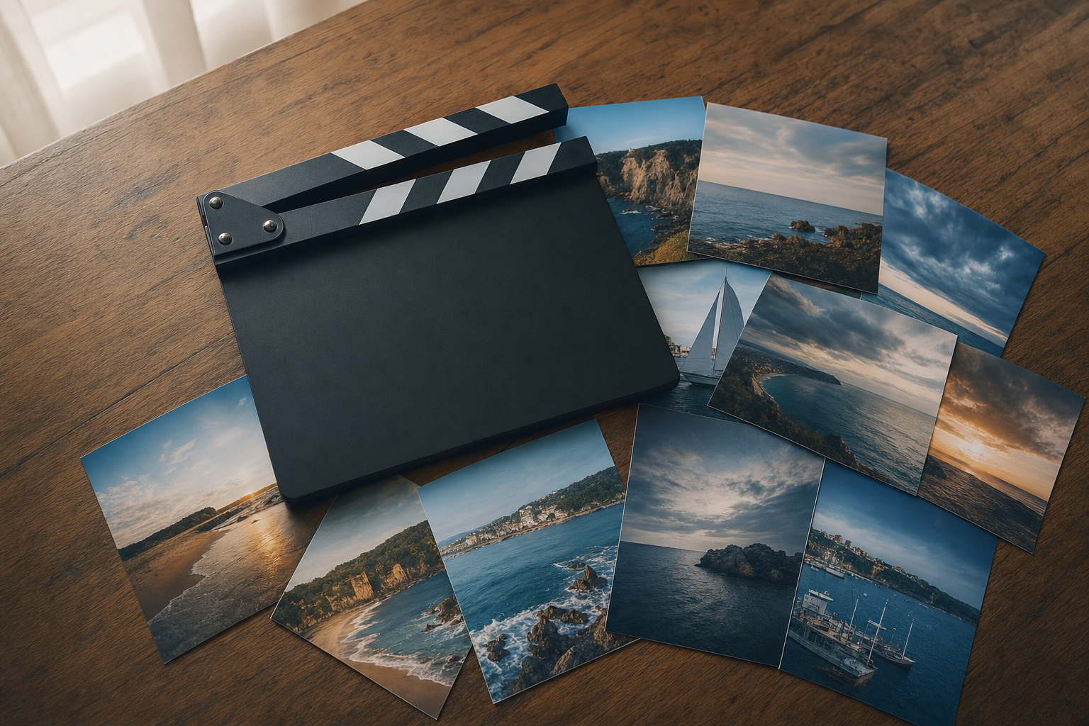 A single film clapperboard surrounded by ten small printed still frames fanned out on a table