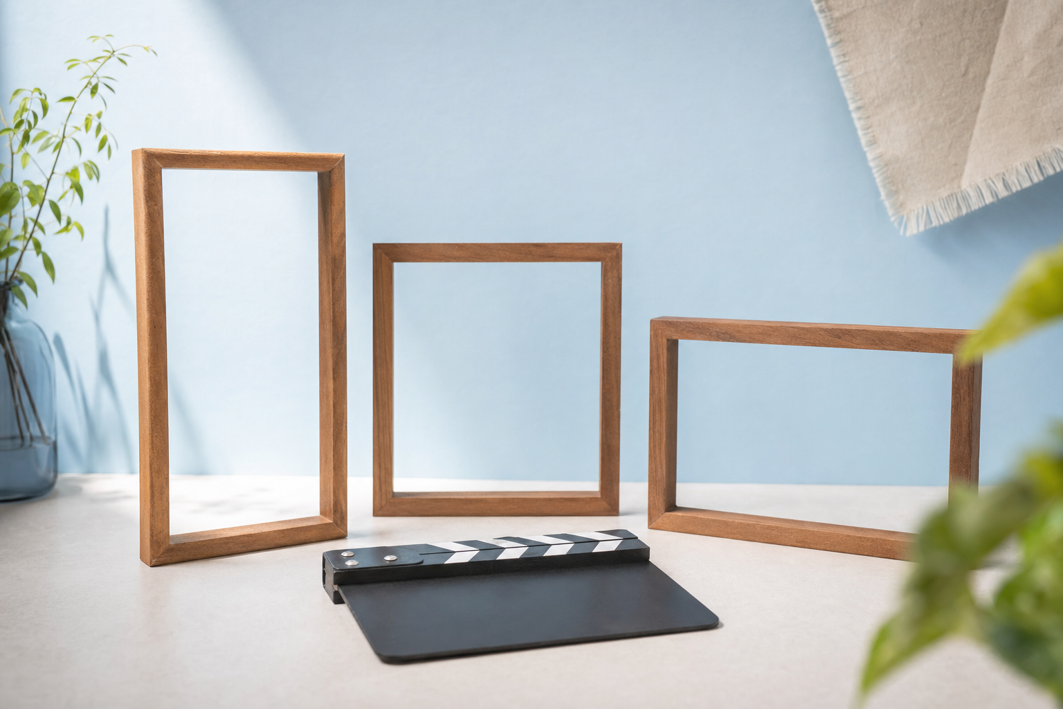 A single film clapperboard surrounded by three empty picture frames in vertical, square and landscape shapes on a clean surface
