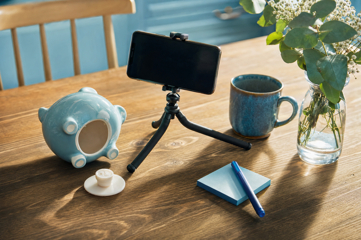 An empty piggy bank beside a smartphone propped on a small kitchen tripod, ready to record a founder's video
