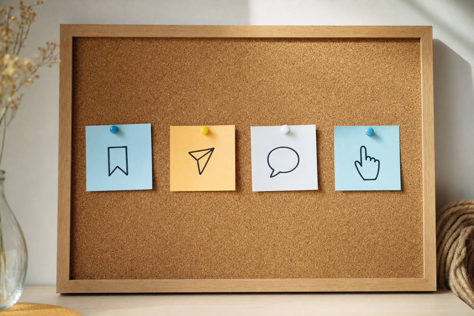 A cork bulletin board with four color-coded sticky notes pinned in a row, each showing a small hand-drawn icon