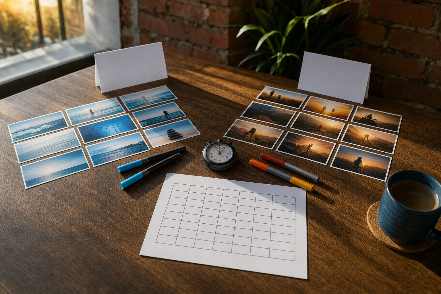 Two sets of printed social video thumbnails and caption cards arranged for comparison on a studio table