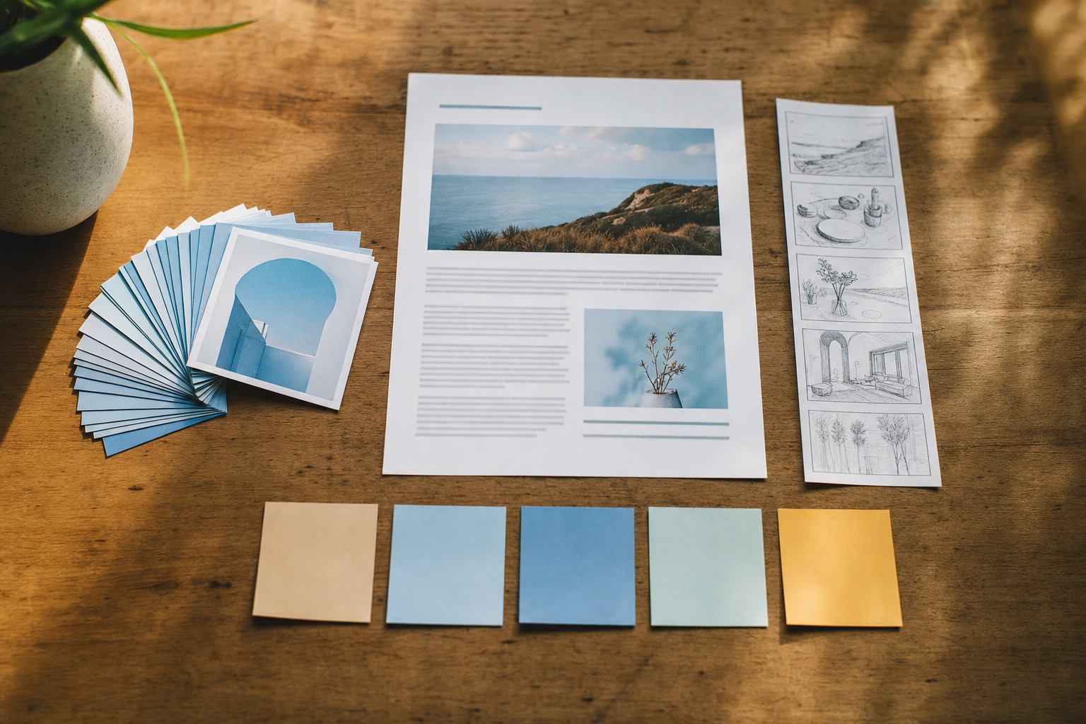 A single printed article surrounded by cut-out paper cards fanned into a carousel, a storyboard strip, and sticky notes