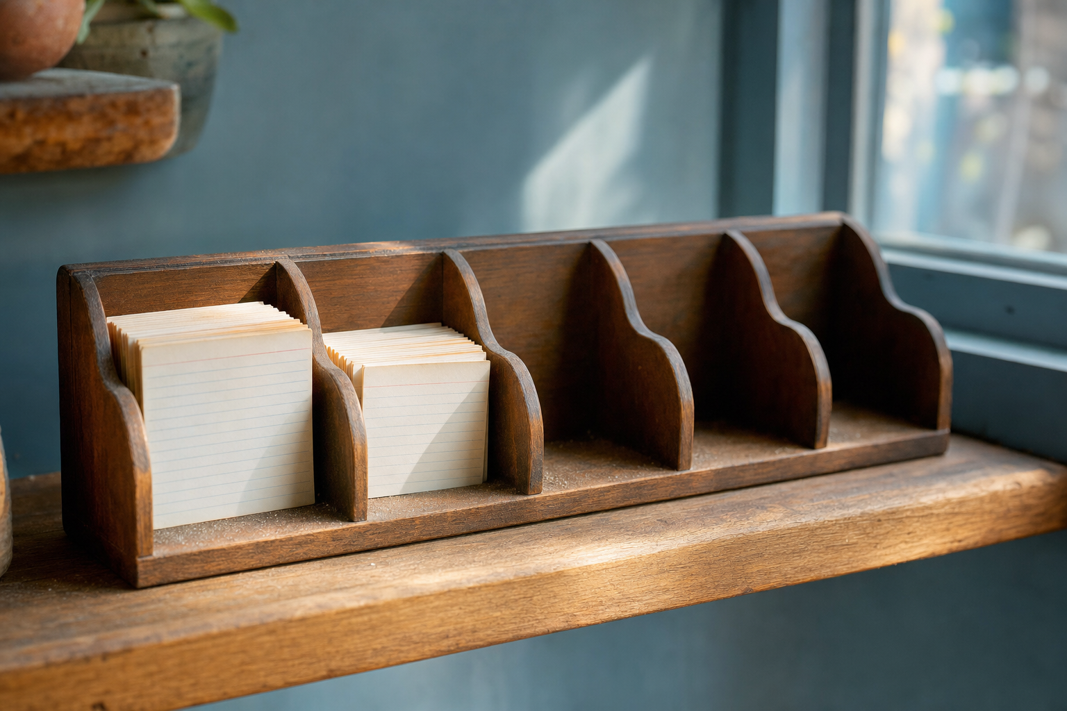 Two labeled physical inboxes on a shelf overflowing while others sit empty, symbolizing focus over spread