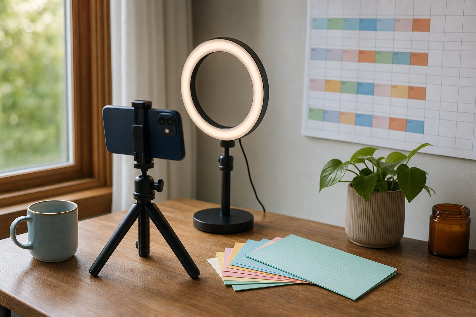 A tidy home-studio corner with a ring light, phone on a tripod, and sticky notes organized in a weekly content batch layout