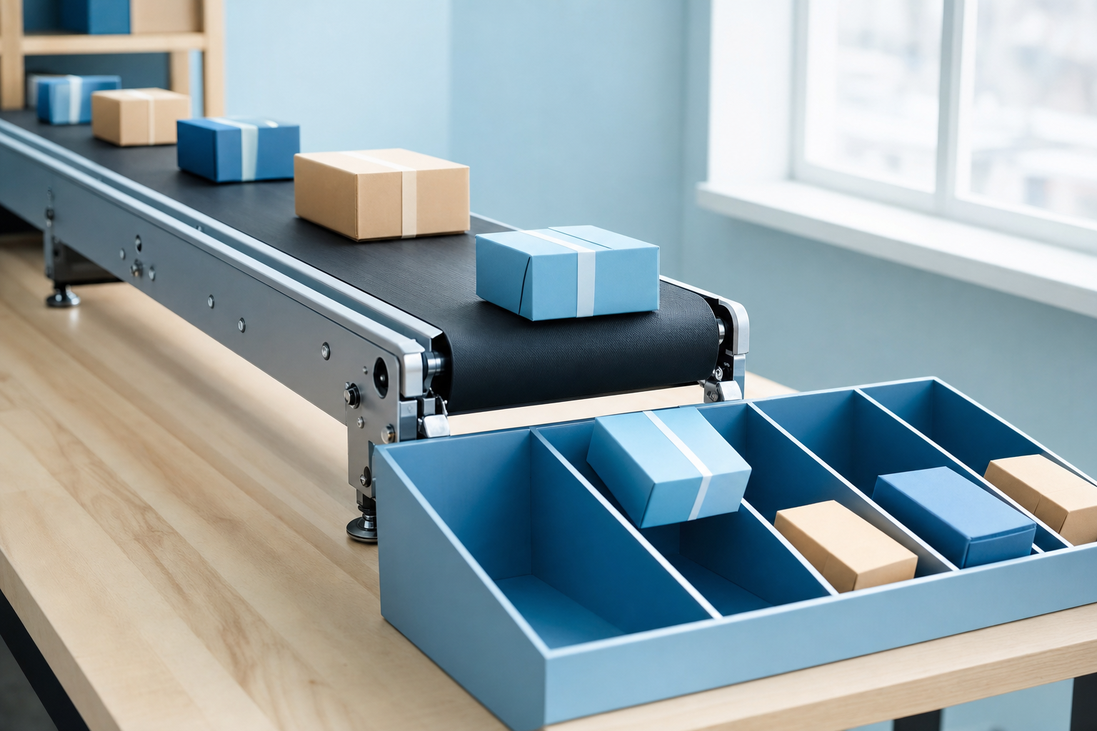 A factory conveyor belt producing finished packages next to a wall calendar, illustrating creation versus scheduling