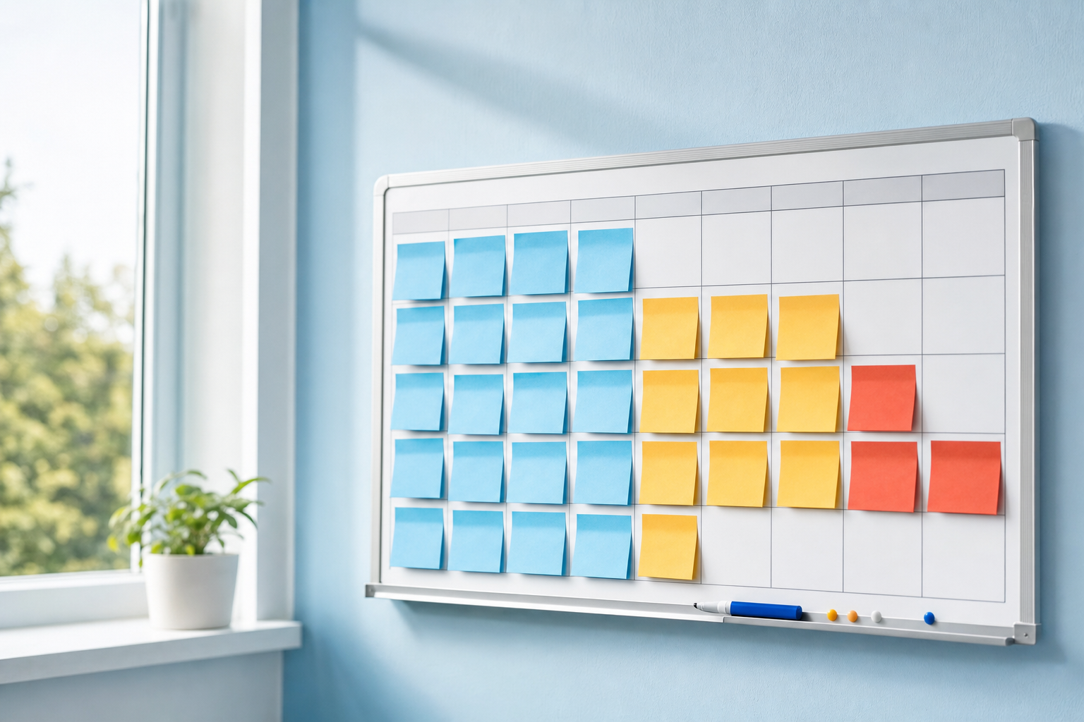 A wall calendar with sticky notes color-coded into three groups representing educate, entertain, and sell posts