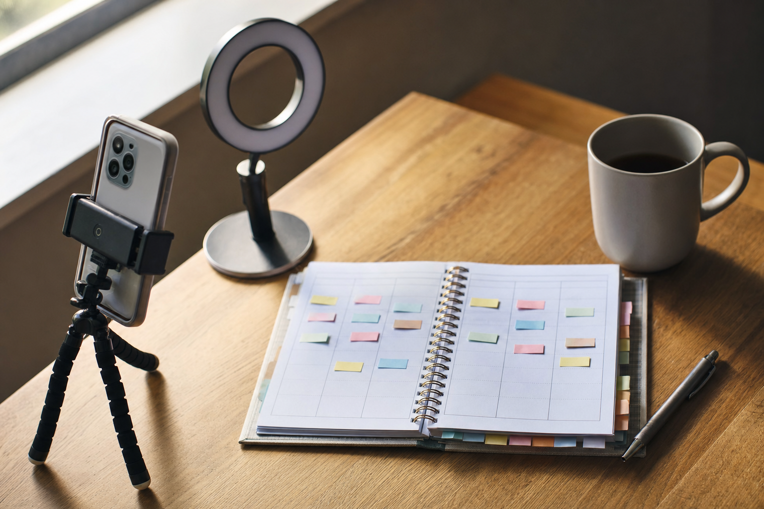 A paper weekly planner with colour-coded sticky notes marking posting slots, beside a phone on a tripod