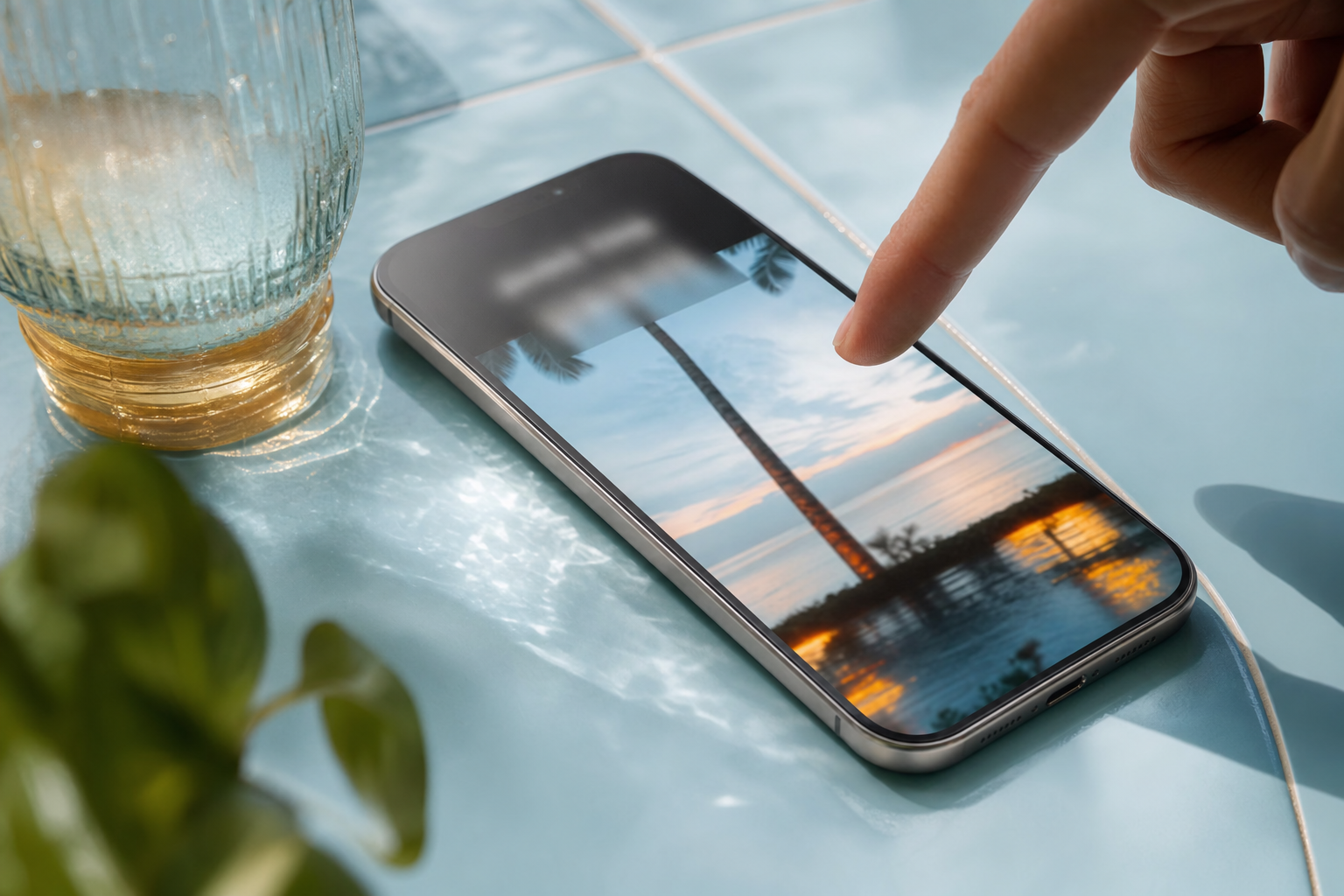 A close-up of a smartphone lying on a bright surface showing a paused vertical video mid-scroll