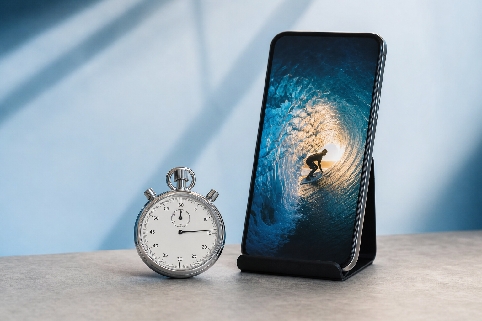 A stopwatch frozen at three seconds resting on a smartphone showing a paused vertical video