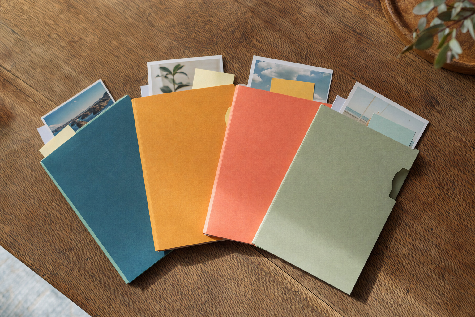 Four labeled physical folders fanned out on a wooden table, each a different color, representing four content themes