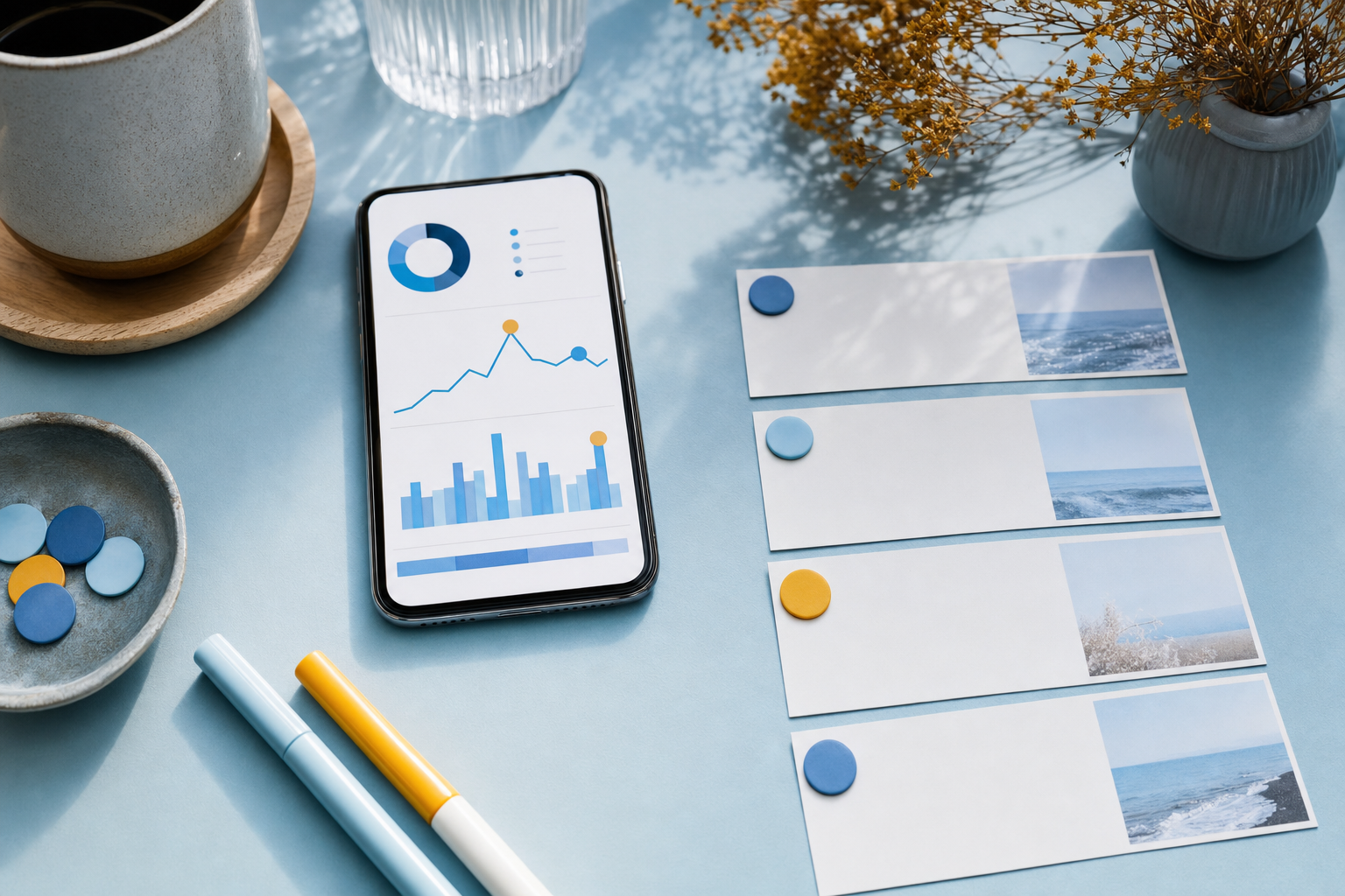 Social media performance charts being translated into a new batch of visual content cards