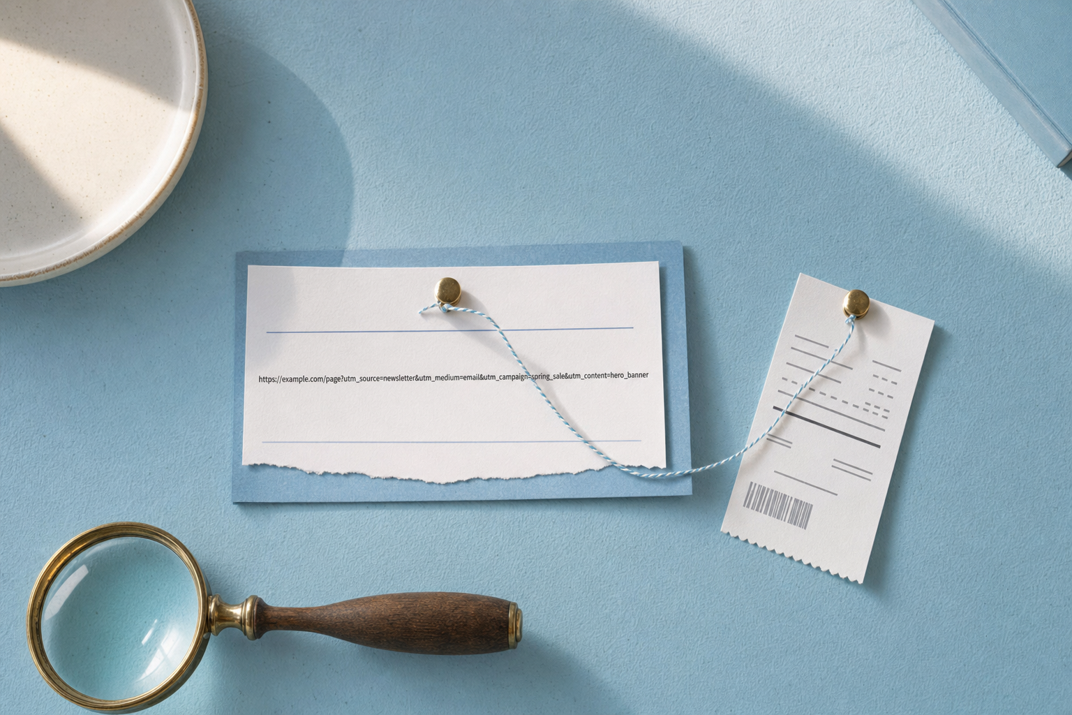 A printed URL with UTM tags pinned to a corkboard beside a small sales receipt and a magnifying glass