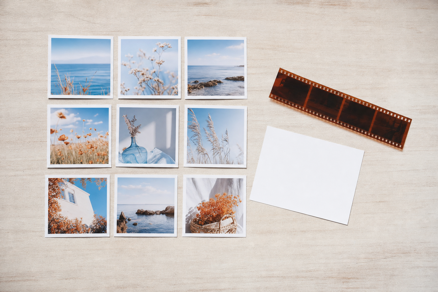 A physical photo grid of printed images pinned to a corkboard beside a blank camera roll film strip