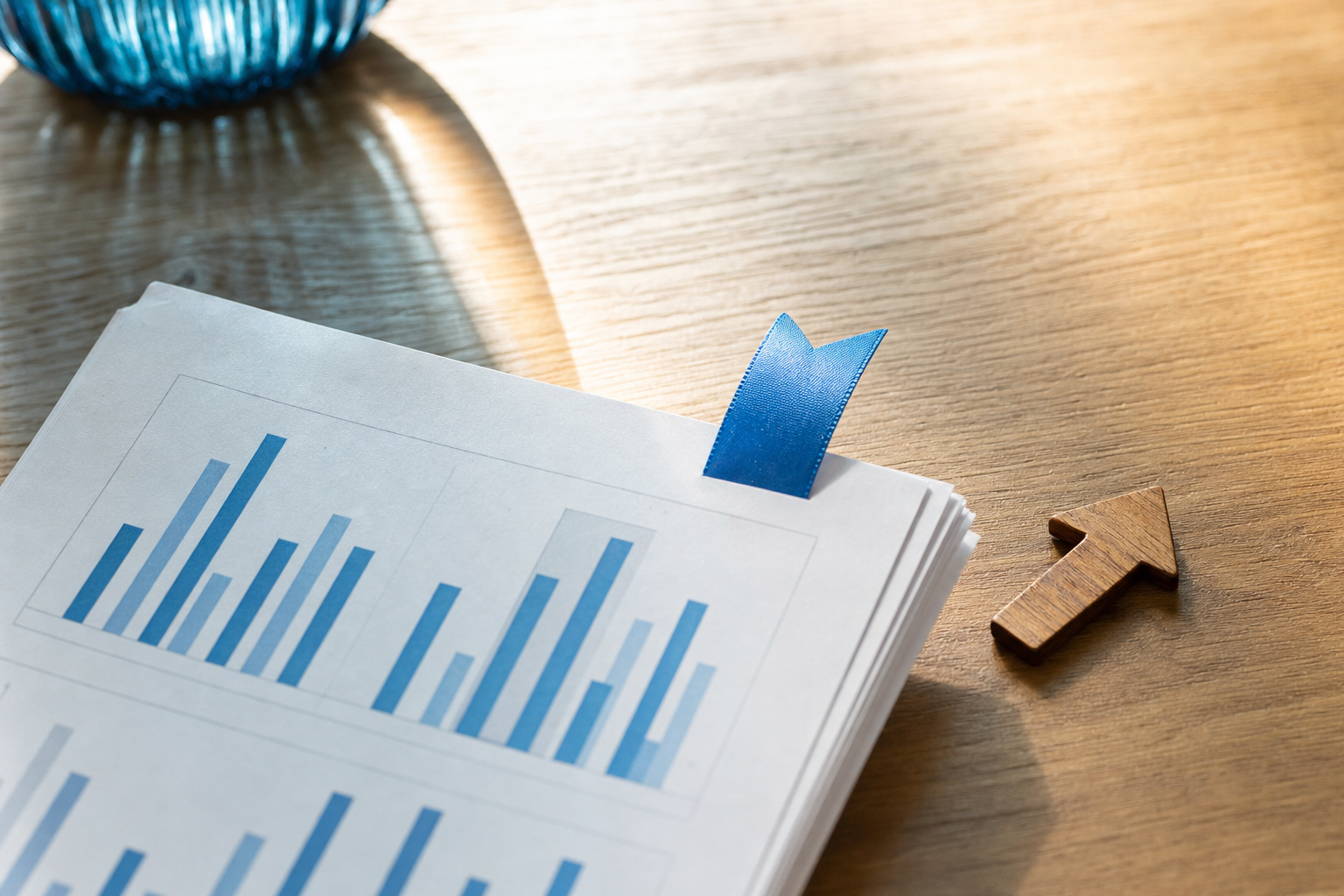A cork bookmark tab and a wooden share arrow marker resting on stacked printed social media report cards