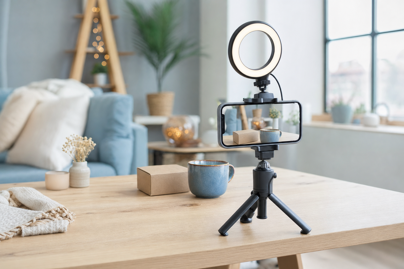 A smartphone on a small tripod with a ring light, filming a coffee cup and a product box on a wooden table