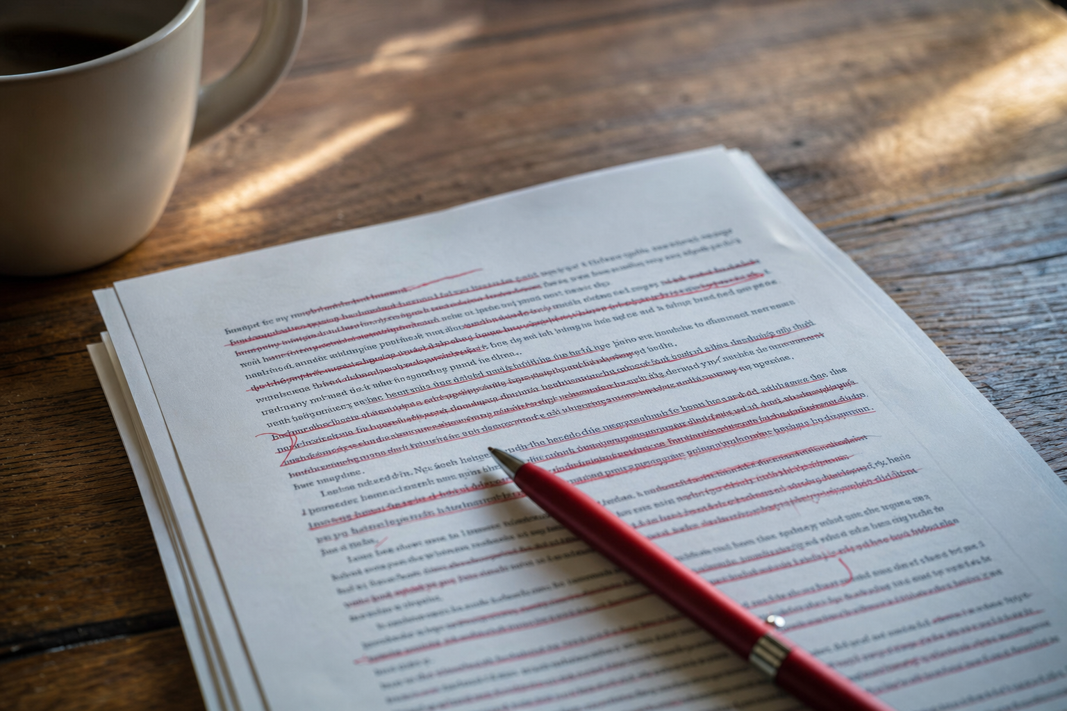 A printed page of text with several phrases crossed out in red pen beside a coffee cup on a wooden table