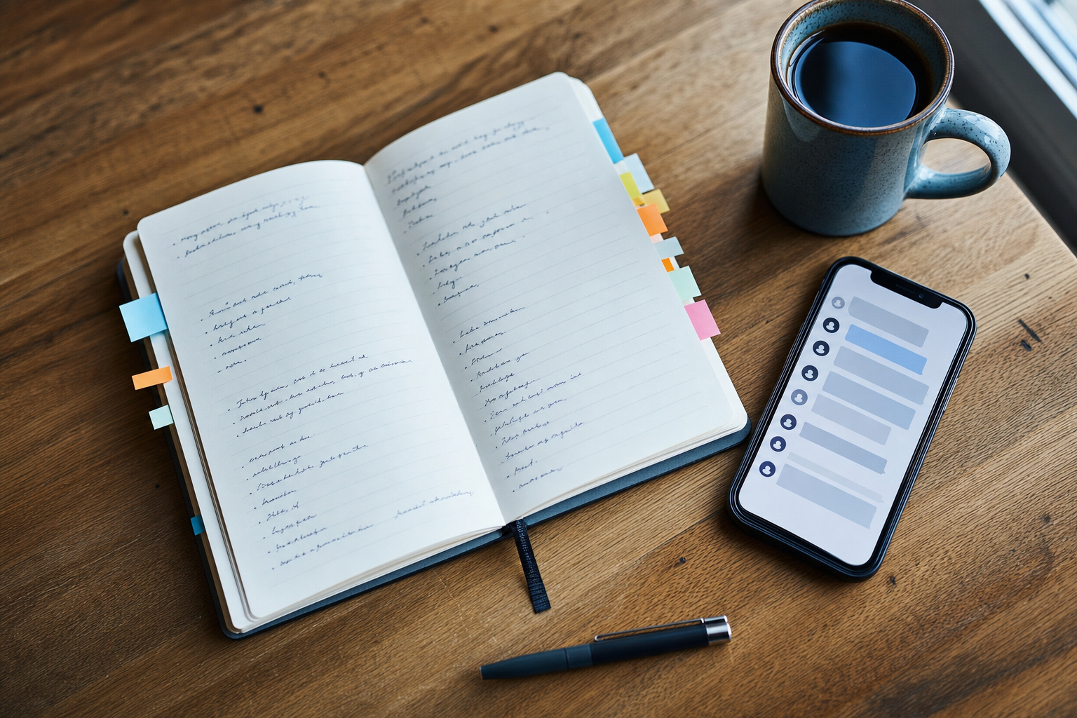 An open paper notebook with handwritten reply notes beside color-coded sticky tabs and a phone showing a message inbox