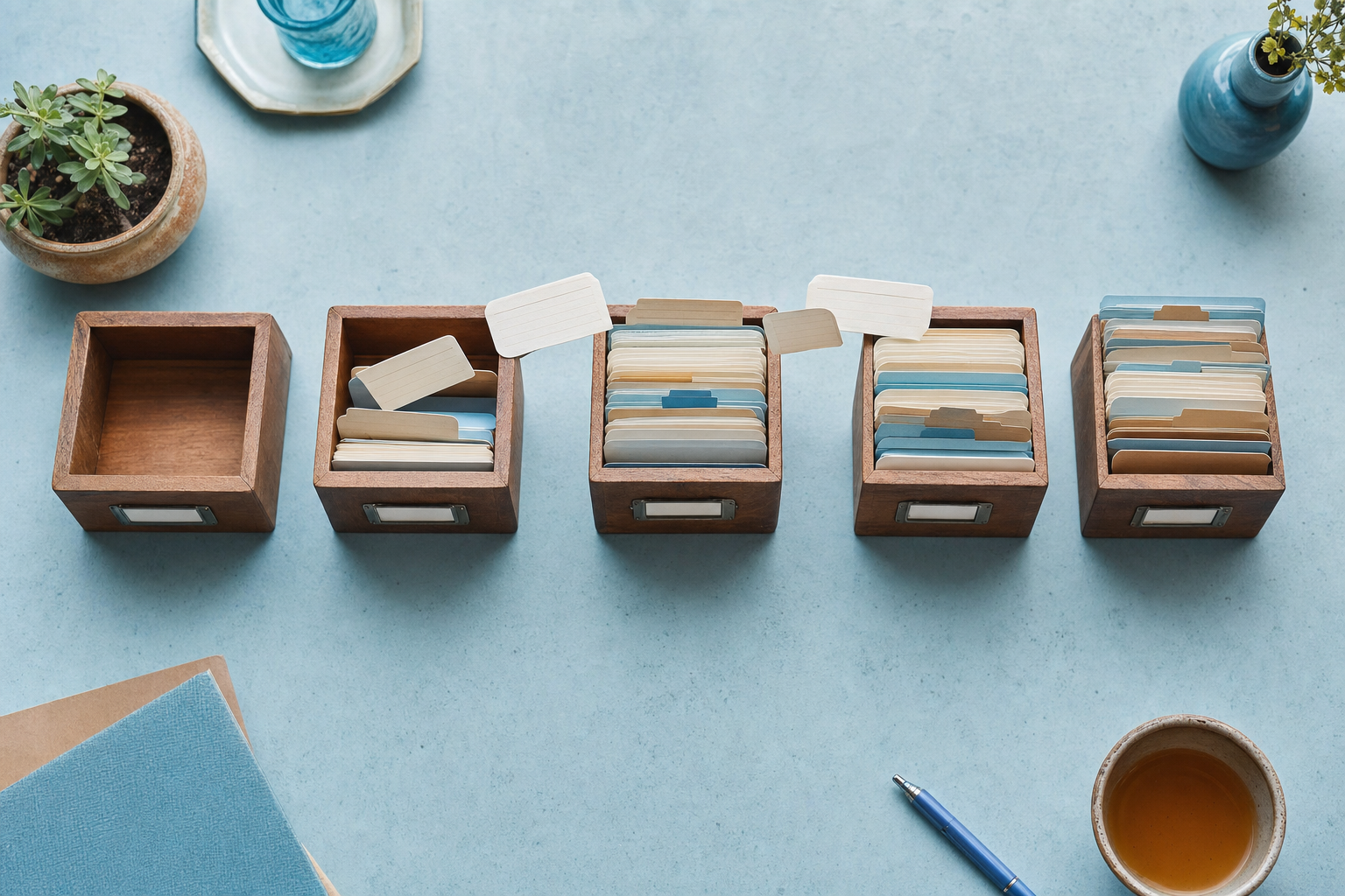A tidy row of labeled index-card boxes on a wooden shelf with cards flowing between them like a pipeline