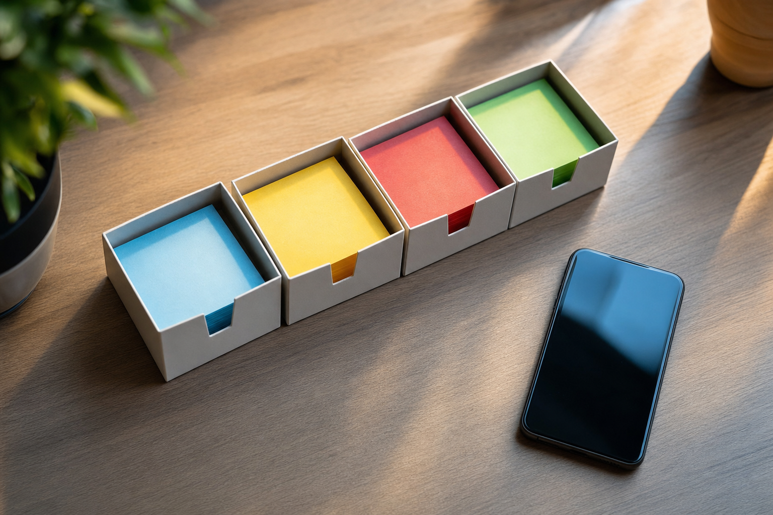 A tidy desk with color-coded sticky notes sorted into four labeled trays representing an engagement triage system
