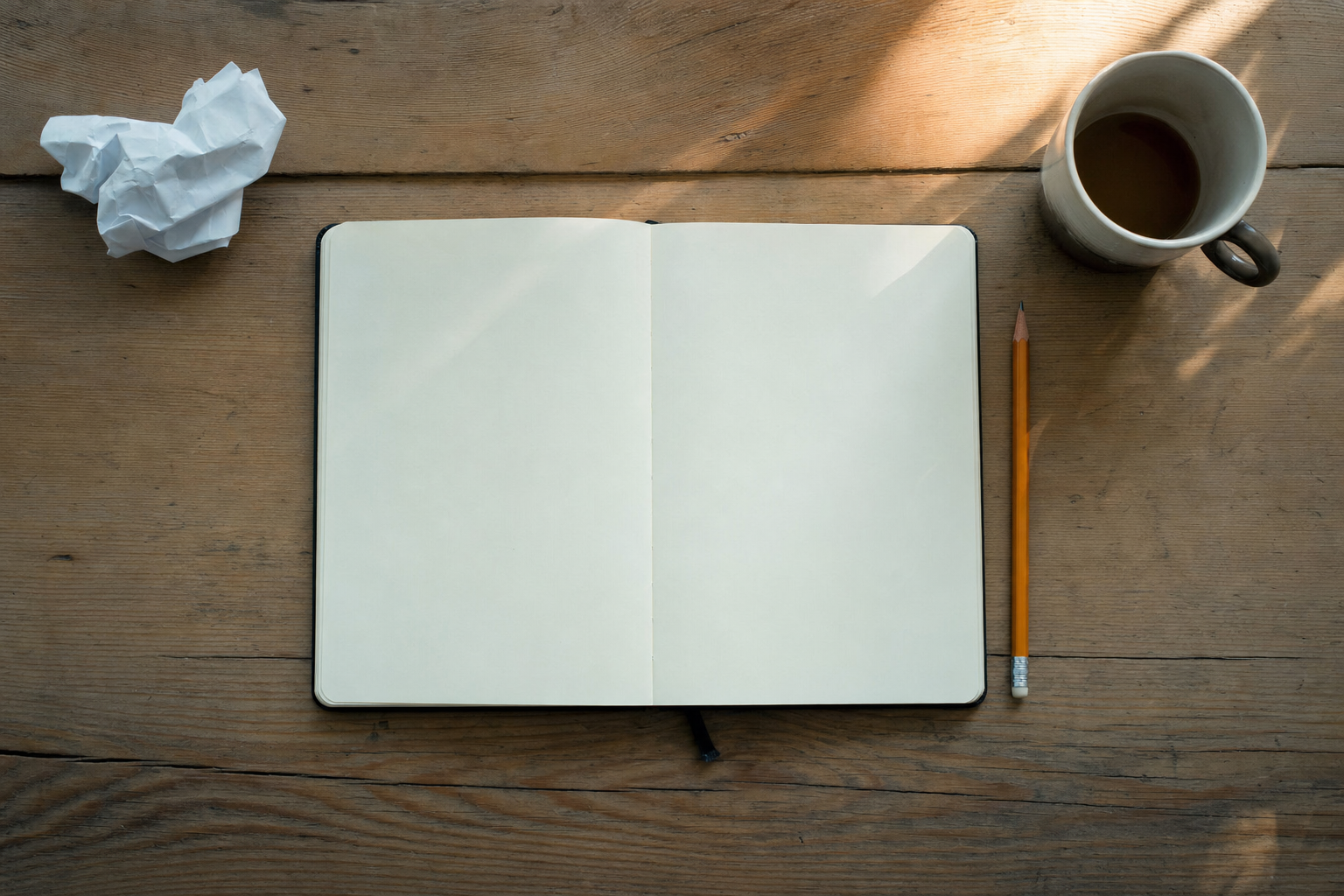 An empty blank notebook page beside a single sharpened pencil on a plain wooden table in soft morning light