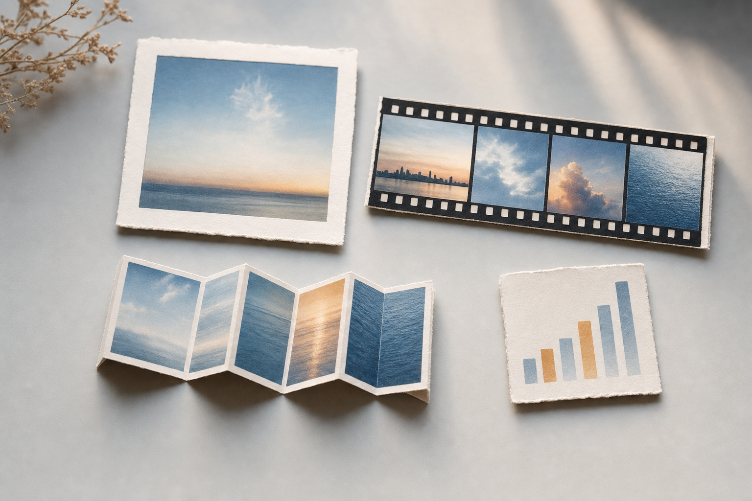 Paper cut-outs of a photo, video frames, a carousel fan, and a bar chart arranged on a neutral surface