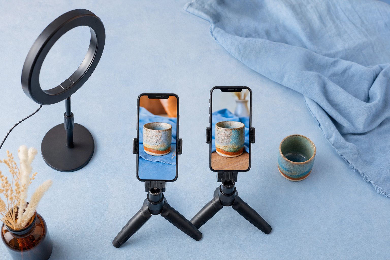 Two smartphones displaying clean versions of the same vertical product video in a small creator studio