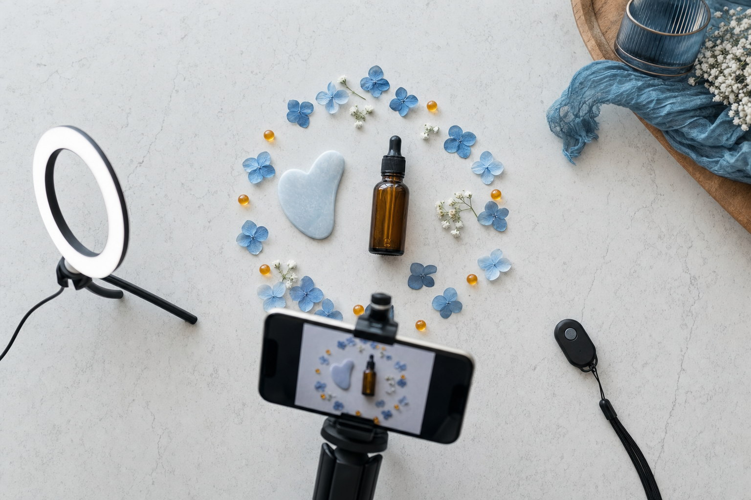 A phone on a small tripod filming a looping product demo setup with props arranged in a home studio
