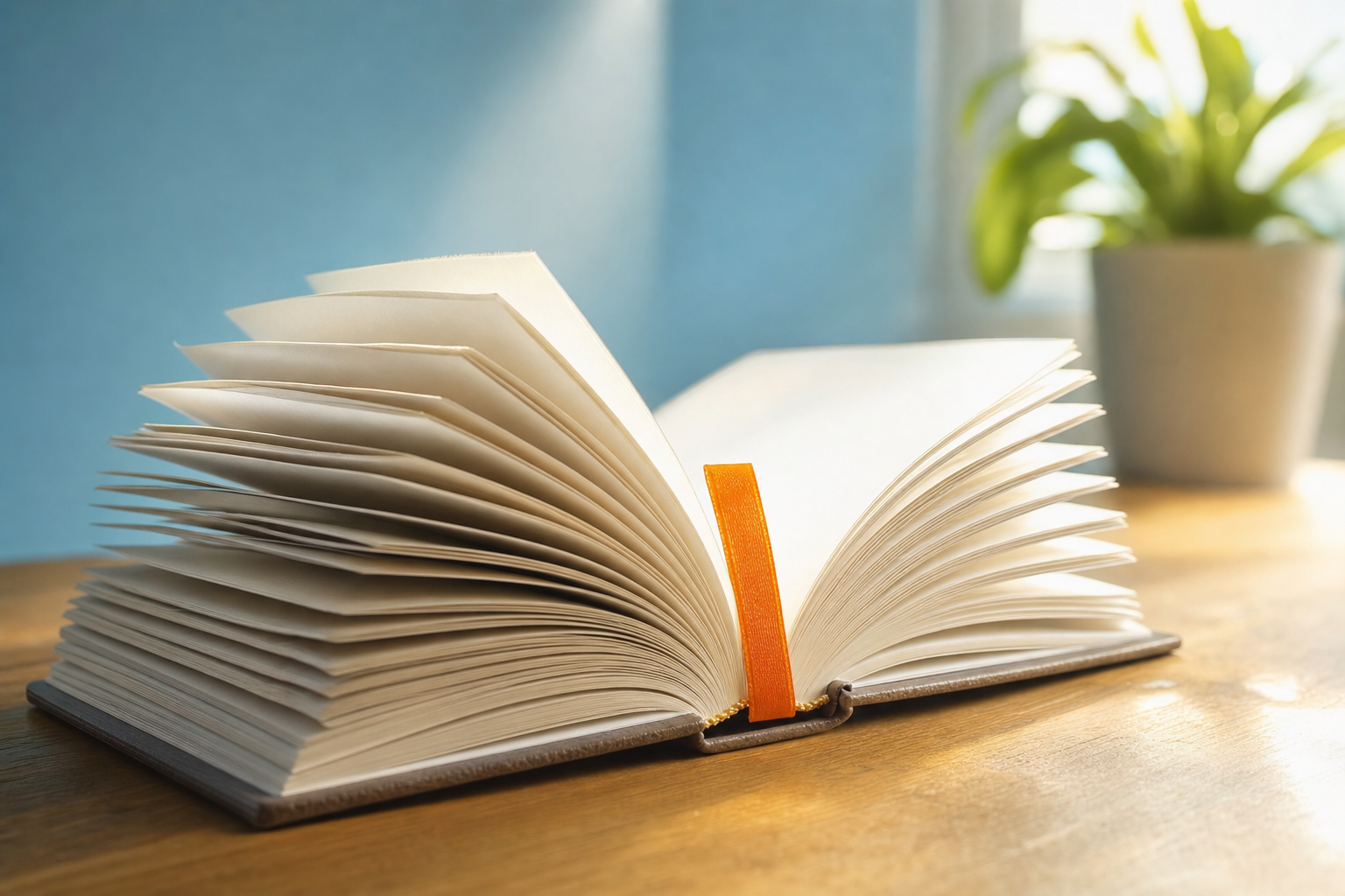 A single glowing bookmark tab clipped to one page of an otherwise plain open notebook on a wooden surface