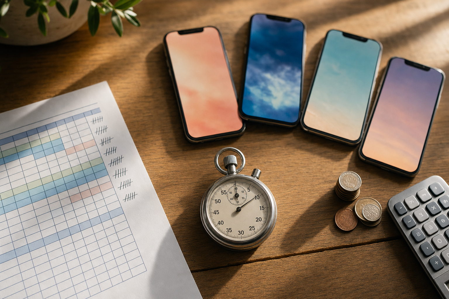 A running stopwatch beside four stacked smartphones each showing a different vertical social feed and a printed spreadsheet